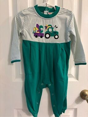 Jellybean by Smock Candy Green Striped Long-Sleeve Mardi Gras Tractor Romper 12M